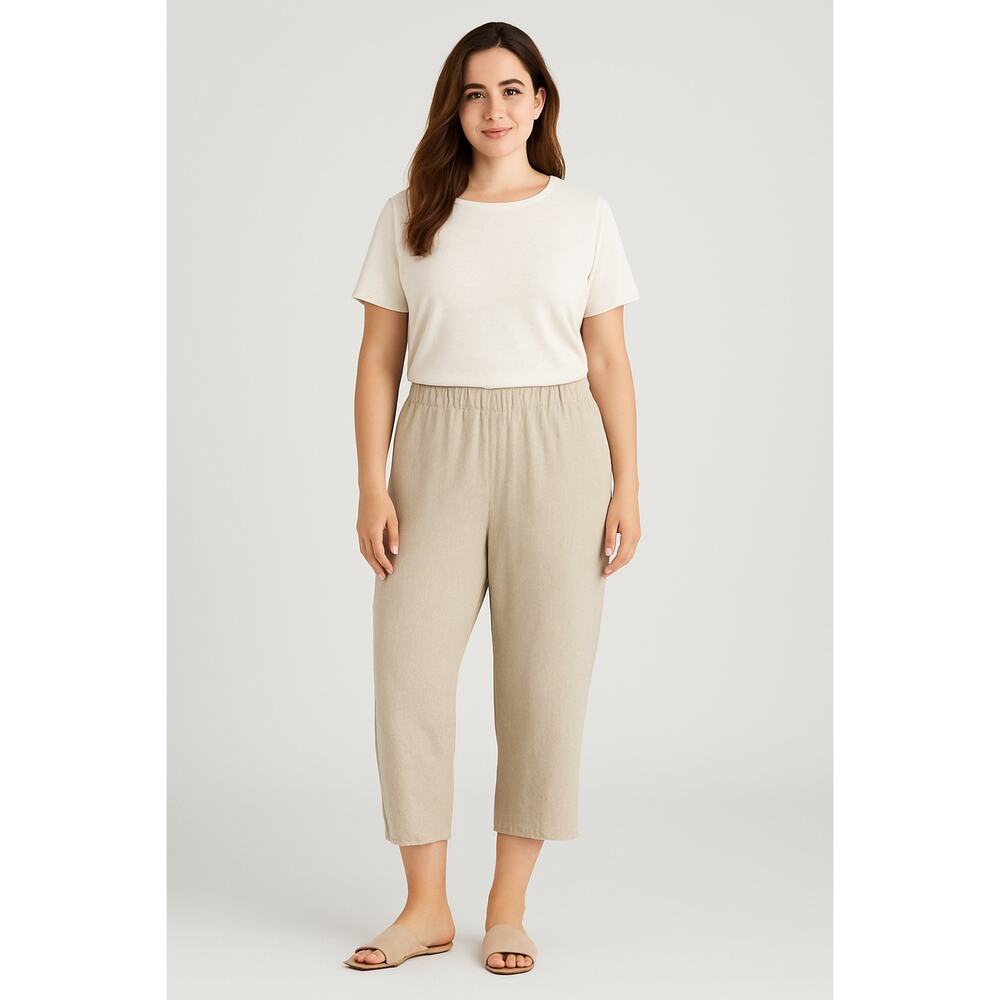 Eileen Fisher Organic 100% Linen Crop Pants Natural Beige Elastic Raw Hem XL